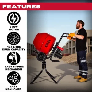 EXCEL 240VOLT 134LTR DRUM CEMENT MIXER WITH FREE TILT STAND
