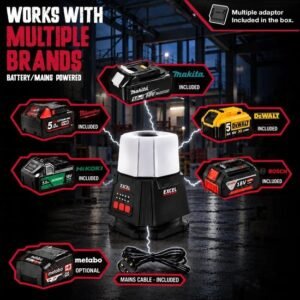 EXCEL 18VOLT/240VOLT 10000 LUMENS HYBRID 360° SITE LIGHT WITH MULTI BRAND BATTERY COMPATIBILITY