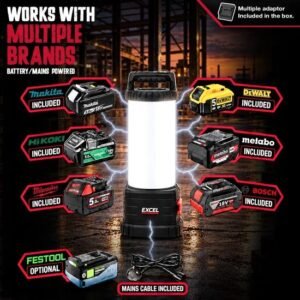 EXCEL18VOLT/240VOLT 9600 LUMENS HYBRID 360° SITE LIGHT WITH MULTI BATTERY BRAND COMPATIBILITY