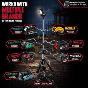 18VOLT HYBRID CORDLESS AND CORDED 4 SETTING 8100 LUMENS SITE LIGHT WITH FREE CARRY BAG AND BRAND BATTERY ADAPTORS
